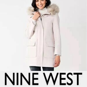 Nine West Women's Light Cream Puffer Coat with Faux Fur Hood